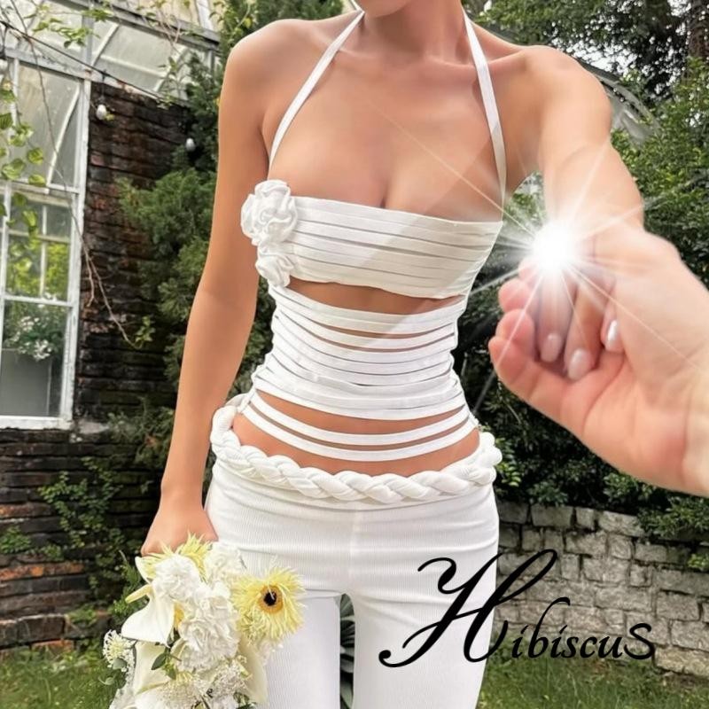 ชบา-ผู้หญิงเสื้อกล้ามเชือกแขวนคอฤดูร้อนสีทึบ 3D ดอกไม้แขนกุด Cutout Bandage Backless Slim Fit Vest
