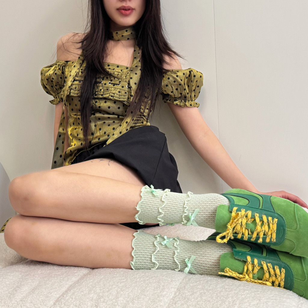 สินค้าใหม่ Keluli Candy Color Dopamine Girl Three Funse Lace Bow Fishnet Socks Sweet Fashion All-Match
