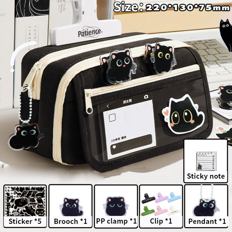 กระเป๋าดินสอแมวการ์ตูนสุดเก๋ - ดีไซน์สีดำและขาวน่ารัก |   วัสดุกันน้ำที่ทนทานพร้อมซิปเปิด-ปิดใส |   