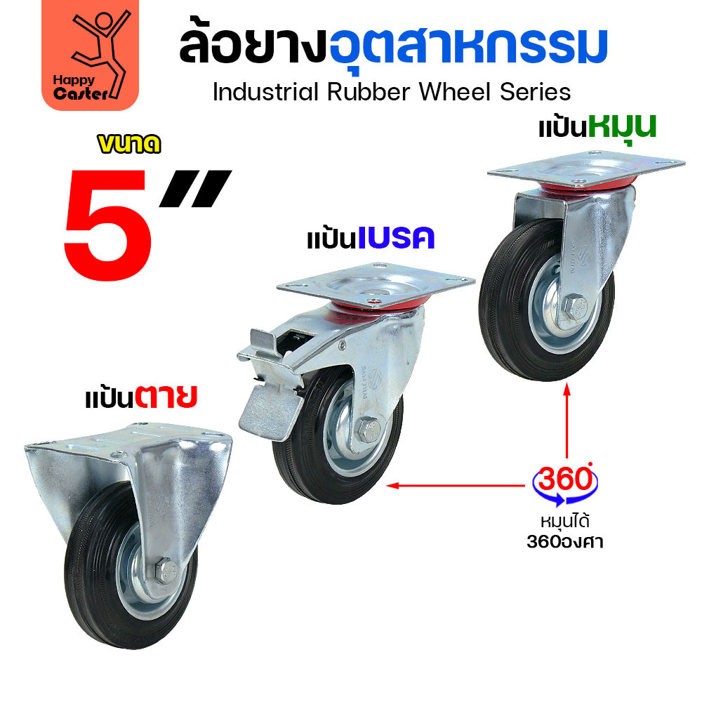 ล้อยาง กระทะเหล็ก รหัส CM01 ขนาด5นิ้ว มีลูกปืนทั้งคอและล้อ แป้นตาย/แป้นหมุน/แป้นหมุน+เบรค พร้อมส่ง
