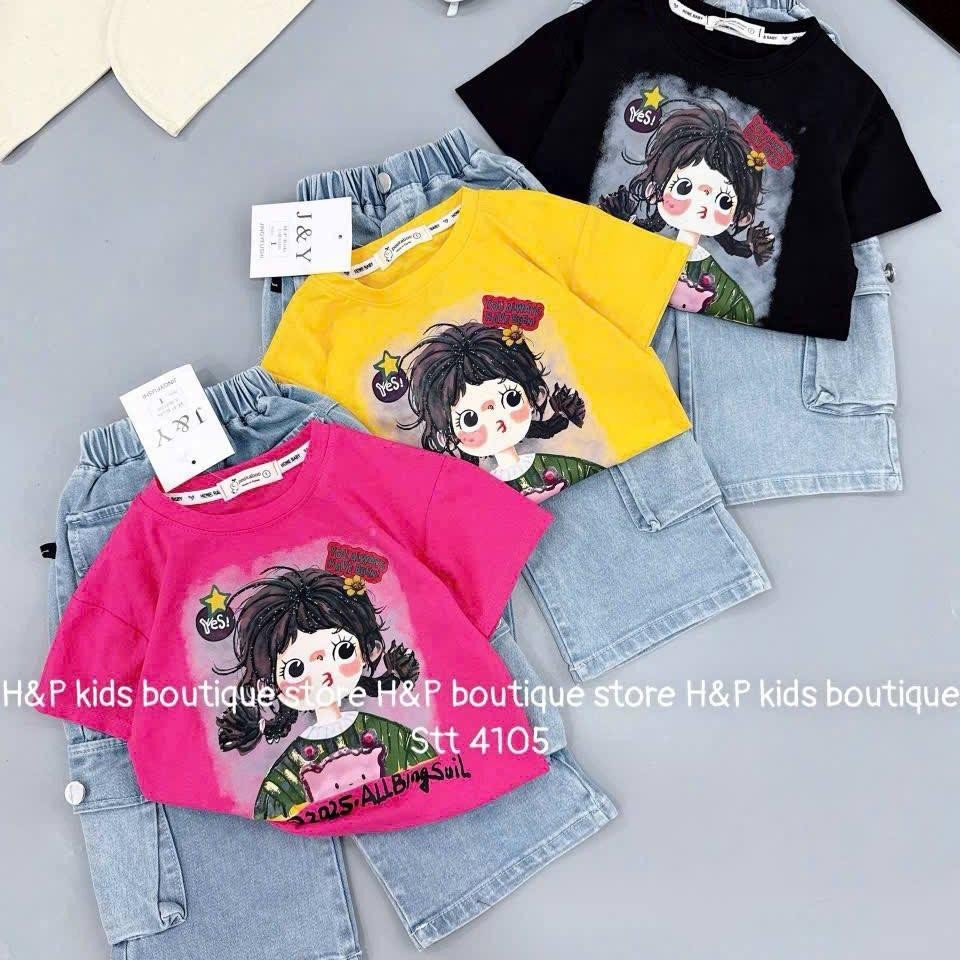 G287 (ขนาด 90-140) ชุดเซ็ทเสื้อลายการ์ตูนและกางเกงยีนส์ผ้านิ่มมาก มีกระเป๋า4ช่อง