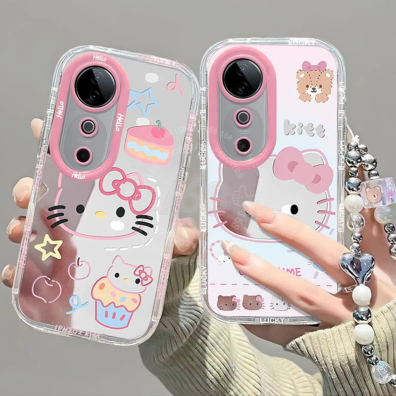 เคส Vivo V40 5G เคส Vivo V40 Pro เคสน่ารัก Kitty ลูกแมวแมวครอกหมีใสกันกระแทกเคสโทรศัพท์ แต่งหน้ากระจกโทรศัพท์เชือกเส้นเล็กสายรัดกล้องป้องกันนุ่มปกหนา TPU