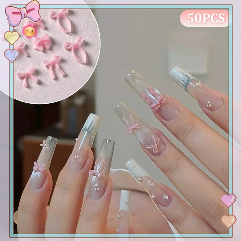 [ความงาม] 50ชิ้นริบบิ้นโบว์เล็บอุปกรณ์3ง แบนแบ็ค เรซิ่นโบว์เล็บเสน่ห์ ทําเอง เล็บฤดูใบไม้ผลิศิลปะตกแต่งชิ้นส่วน {ขาย}