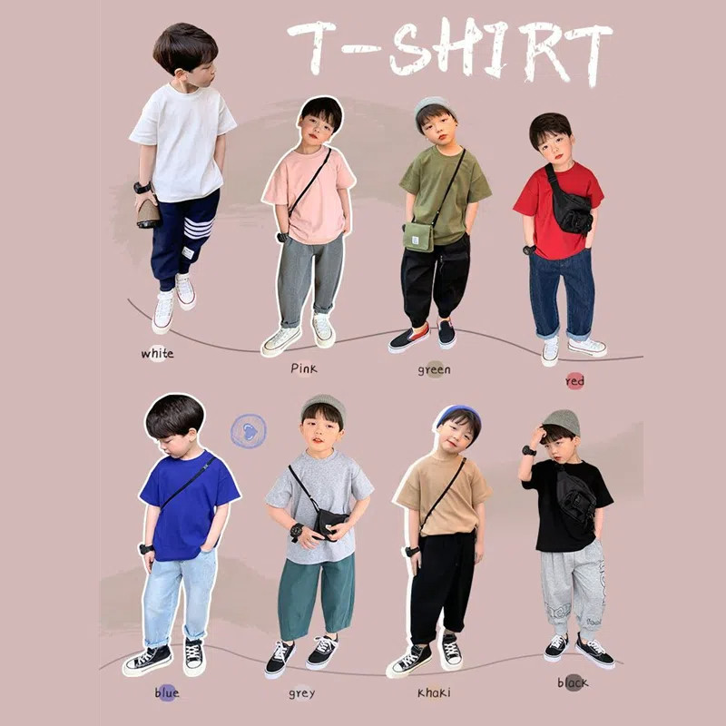 เสื้อยืดแขนสั้นเด็กชายฤดูร้อนสไตล์ใหม่เวอร์ชั่นเกาหลีผ้าฝ้ายแท้คอกลมสีทึบเรียบง่ายหล่อหลวมสบาย ๆ