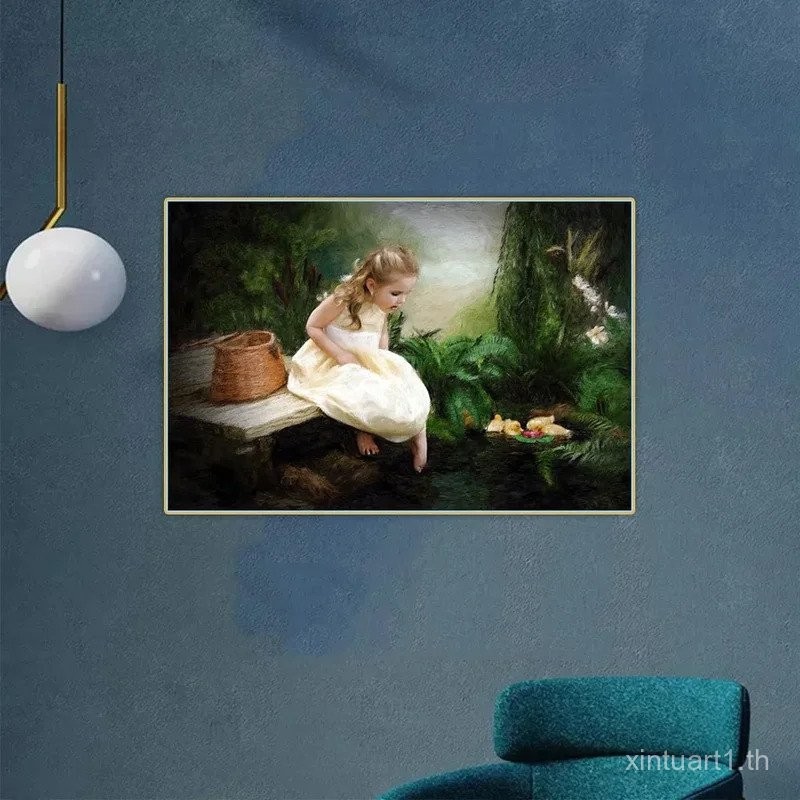 ภาพวาดสีน้ำมันบนผ้าใบ "Bambina กับเป็ด" ของ Fritz Zuber-Buhler การตกแต่งผนังที่สวยงาม พื้นหลังตกแต่ง