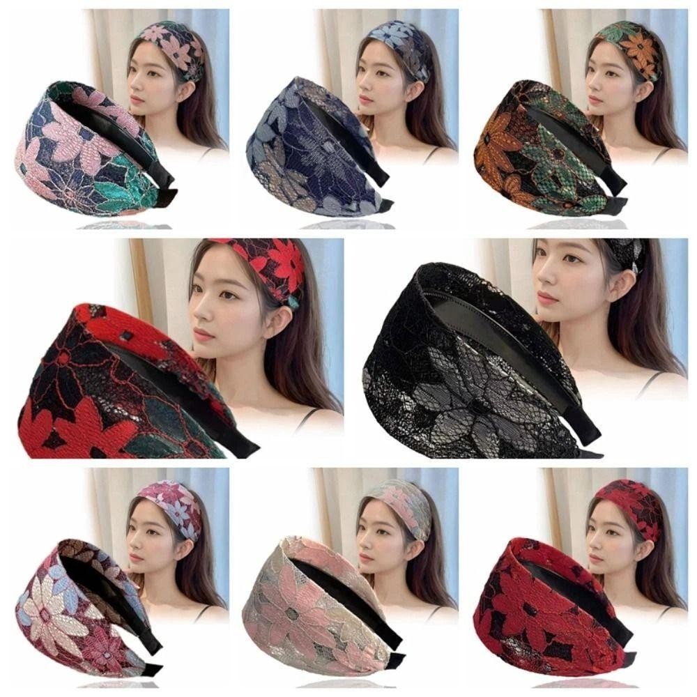 JUNEGOODS ที่คาดผมกว้าง,ที่คาดผมลูกไม้กันลื่นเย็บปักถักร้อย,แฟชั่นปีกกว้างดอกไม้ที่คาดผมฟันทุกวัน - รูปที่ 4