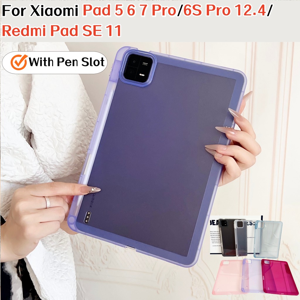 สําหรับ Xiaomi Pad 5 6 7 Pro Mi Pad7 Pad6 Pad5 11.0 "11.2" Redmi Pad SE 11.0 "6S Pro 12.4 พร้อมช่องเสียบปากกาแฟชั่นสีทึบโปร่งใสกันกระแทก TPU แท็บเล็ตกรณี