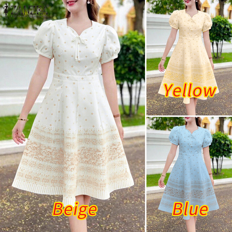 ZANZEA ใส่ ซานเซีย ผู้หญิงเกาหลีสง่างามหัวใจคอแขนสั้นพัฟแขนดอกไม้เอวซิปชุด - รูปที่ 2