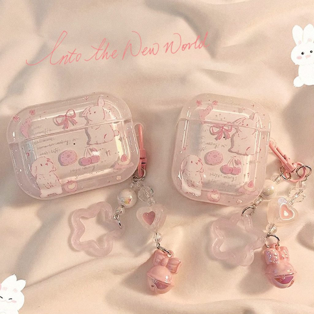 ปลอกสําหรับ Airpods 4 Pro 3 2 1 สีชมพูหวาน Bowknot Girly กระต่ายสดรูปแบบ TPU กันกระแทกหูฟังกรณี Anti-lost Star จี้หูฟังบลูทูธฝาครอบ Shell