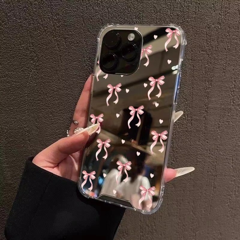 SAMSUNG Make Up Mirrorเคสโทรศัพท์สําหรับSamsung A15 A16 A35 A36 A55 A56 A05 A06 A14 S23 FE S24 FE S25 S22 Plus UltraสีชมพูLittle Bowknotพิมพ์ปก