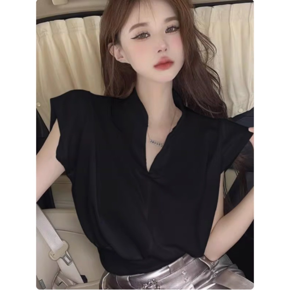 ลมขี้เกียจสไตล์สั้นปลอกคอเปิดครึ่งเสื้อยืด ภาษาฝรั่งเศสเอวปิดกุดเวลาว่างคอวีเสื้อกั๊กด้านบน จัดส่งในกรุงเทพฯ - รูปที่ 5