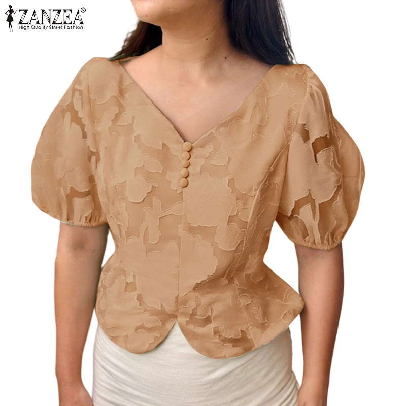 ZANZEA ซานเซีย ผู้หญิงเกาหลีที่สง่างามคอวีพัฟแขนลูกไม้เย็บตัดเอวเสื้อท็อปส์