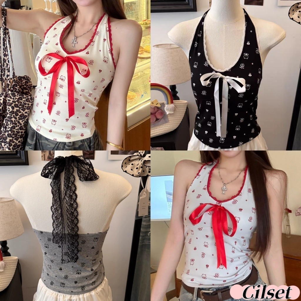 Cilset🛒พร้อมส่ง🎀ใหม่ 2025 เสื้อคล้องคอ ลายการ์ตูน สีพื้น เซ็กซี่ ยืดพอดีตัว /FY1849