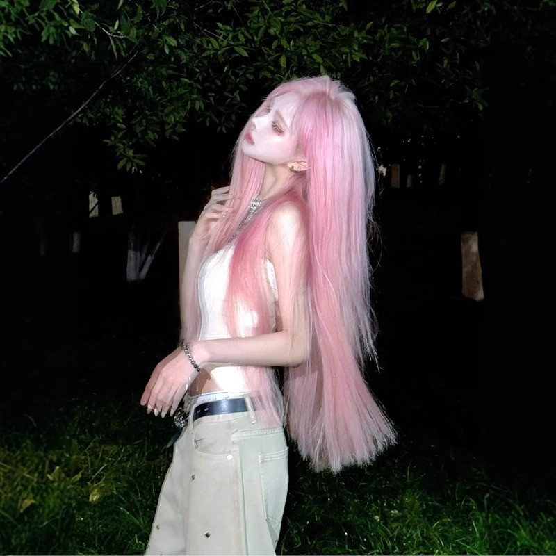 วิกผมยาวสุดสีชมพูสไตล์โมริ ภาพผมยาวตรง แบบเจเค และสไตล์ฮ่องกงเต็มหมวก
