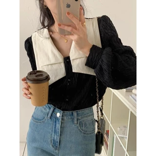 Chili Koko เสื้อเชิ้ตคอโบว์สองชั้นแขนยาวสไตล์ฝรั่งเศสสำหรับผู้หญิง แขนพอง เสื้อแฟชั่นผู้หญิง 99078