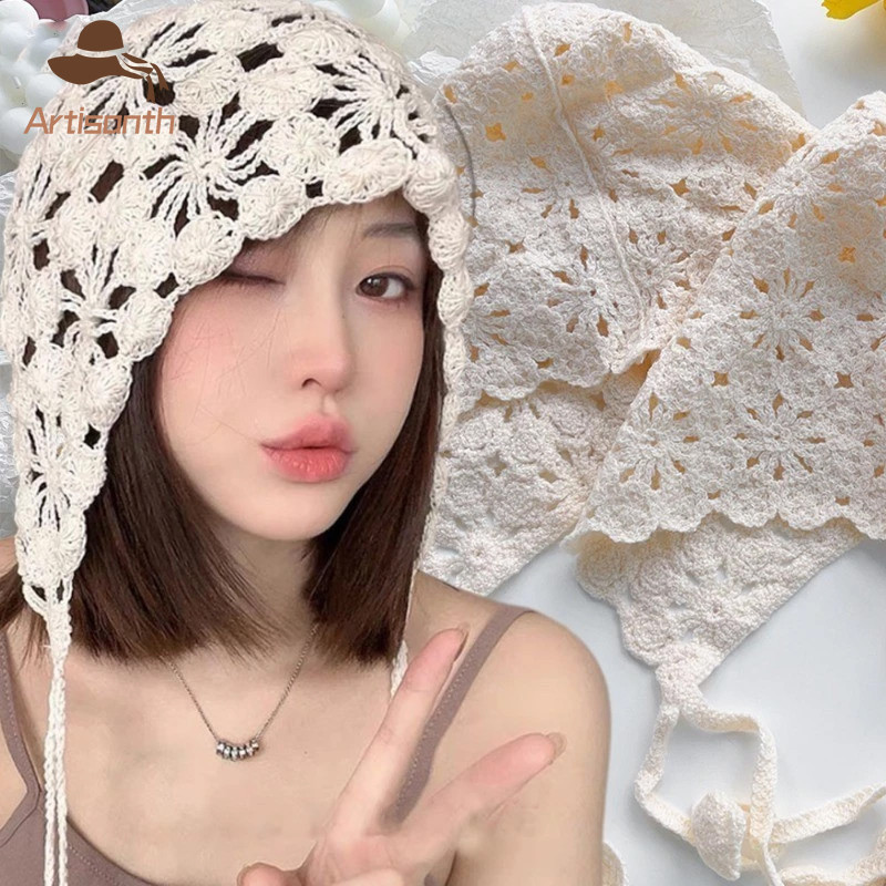 ส่งเร็ว💥หมวกไหมพรมรูปดอกไม้น่ารักฉลุลายโบฮีเมียหมวกแฟชั่นหญิงสีพื้นมี4สี.COD-Artisanth