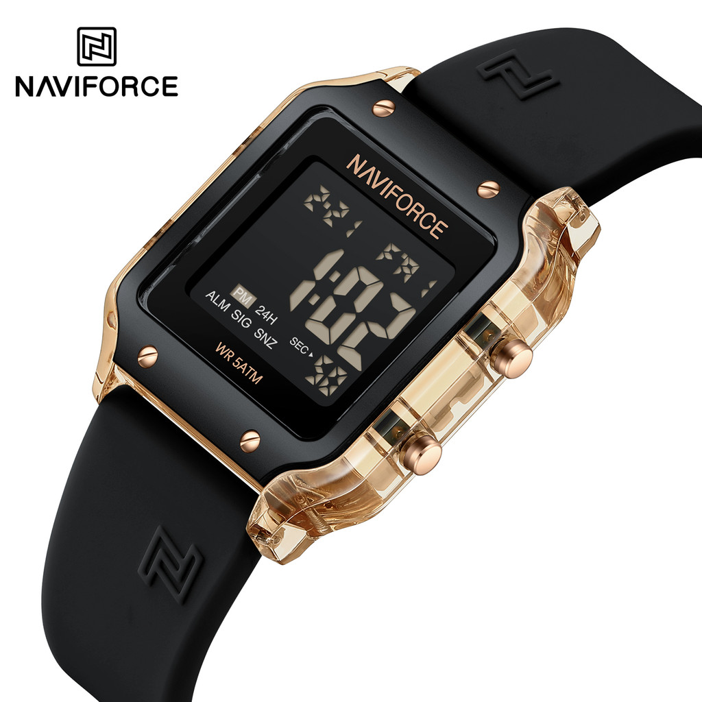 NAVIFORCE NF6105 นาฬิกาผู้หญิงมัลติฟังก์ชั่นนาฬิกาดิจิตอลวันที่สัปดาห์จอแสดงผล 5ATM สายซิลิโคนกันน้ําสําหรับ Lady