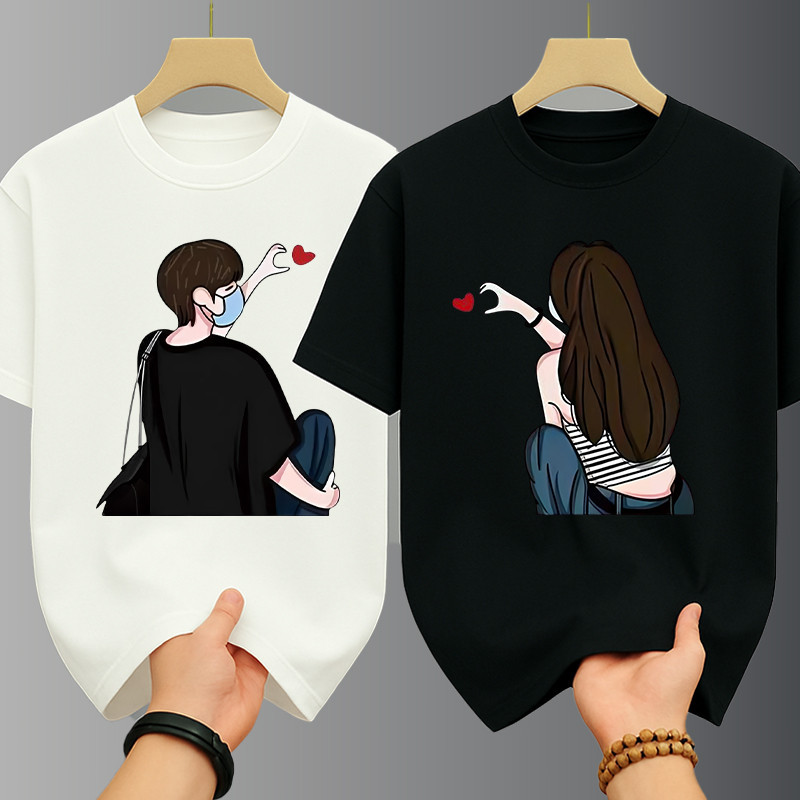 เสื้อคู่กับแฟน เสื้อคู่ คอกลม-แขนสั้น สกรีนลายการ์ตูนสุดน่ารัก เสื้อยืดแฟชั่นสวยๆ โอเวอร์ไซส์คนอ้วน