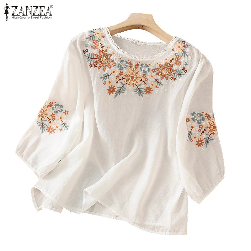 ZANZEA ซานเซีย เสื้อลายดอกไม้สำหรับผู้หญิงสไตล์เกาหลีวินเทจคอกลมแขนยาว 3/4 - รูปที่ 4