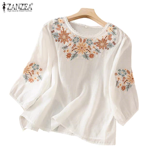ZANZEA ซานเซีย เสื้อลายดอกไม้สำหรับผู้หญิงสไตล์เกาหลีวินเทจคอกลมแขนยาว 3/4