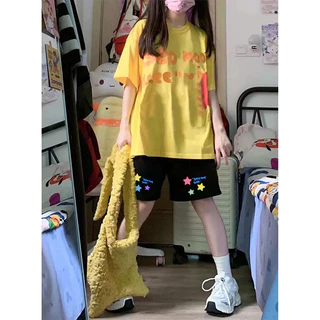 แฟชั่นเกาหลีสไตล์🎀ลายดาว ชุดหน้าร้อน ลำลอง เสื้อผญ กางเกงขาสั้น🖤หลวม ๆ ใส่สบาย กางเกงขาสั้นห้าส่วนYG2953