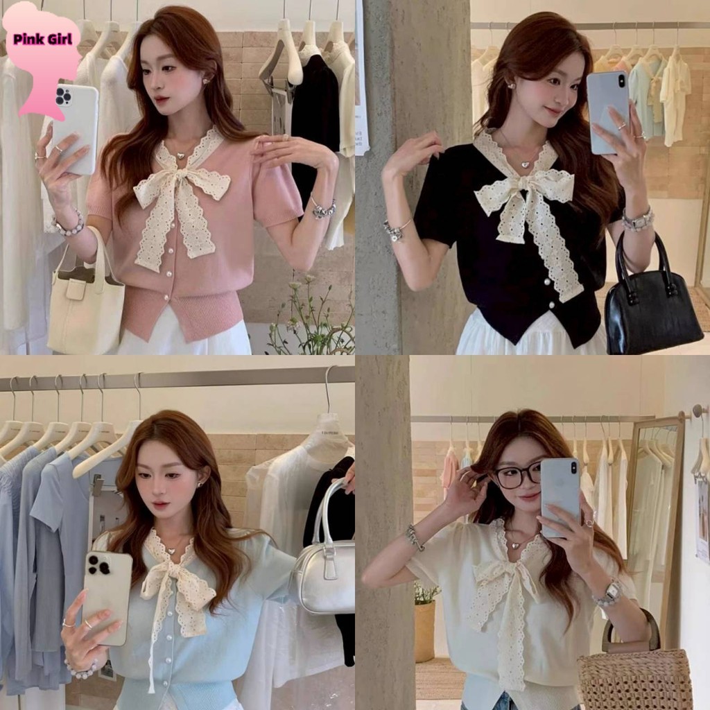 💋Pink girl💋​พร้อมส่ง เสื้อไหมพรม คาวาอี้ แขนสั้น คอปกแต่งโบว์ สีพาสเทล ' W-M099