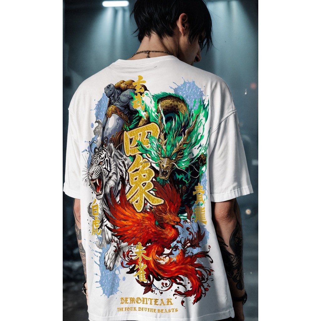 2025 ใหม่ DemonTear สี่ช้างเสื้อยืดผ้าฝ้ายแท้สองด้าน Mythical Beast + Gilding ตัวอักษรจีนพิมพ์ขนาด Full Coverage Street/เทศกาลดนตรี อินเทรนด์ Fast Shipping