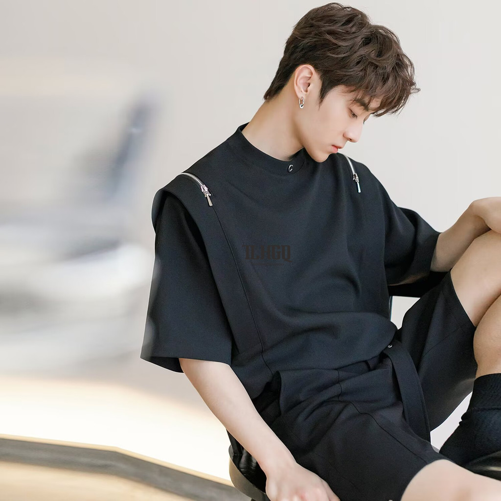 TLHGQ แฟชั่นทุกการแข่งขันศิลปะญี่ปุ่น Deconstructed ซิปเบาะไหล่ออกแบบเสื้อยืดแขนสั้น