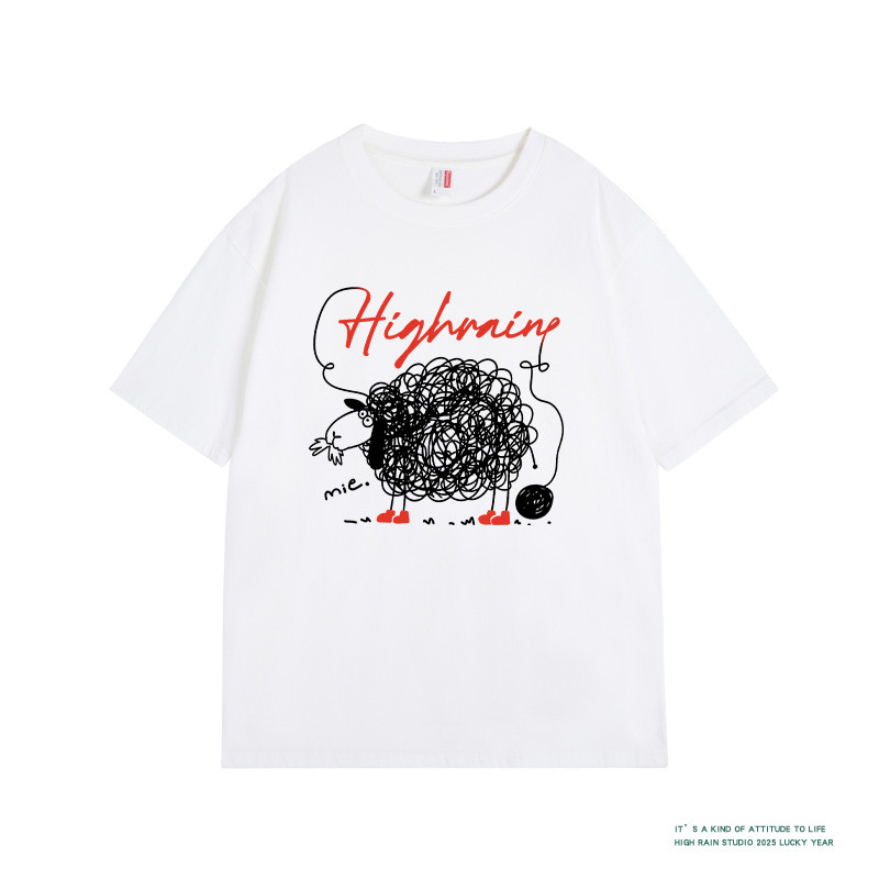 (จัดส่งตลอด 24 ชั่วโมง)Maise STUDIO Design-sense thread ball lamb พิมพ์แขนสั้นเสื้อยืดไหล่ปกติสําหรั