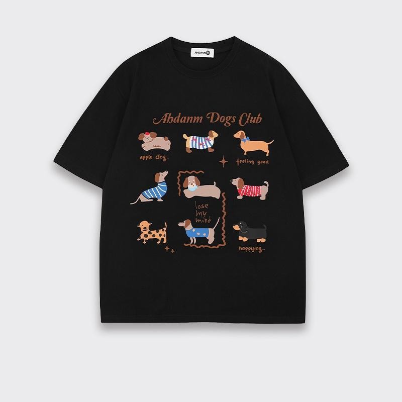 (จัดส่งตลอด 24 ชั่วโมง)เสื้อยืด Oversize เสื้อยืดสีดำลายน้องหมาหลากอารมณ์ ใส่แล้วฟีลกู๊ด ผ้าคอตตอน 100%