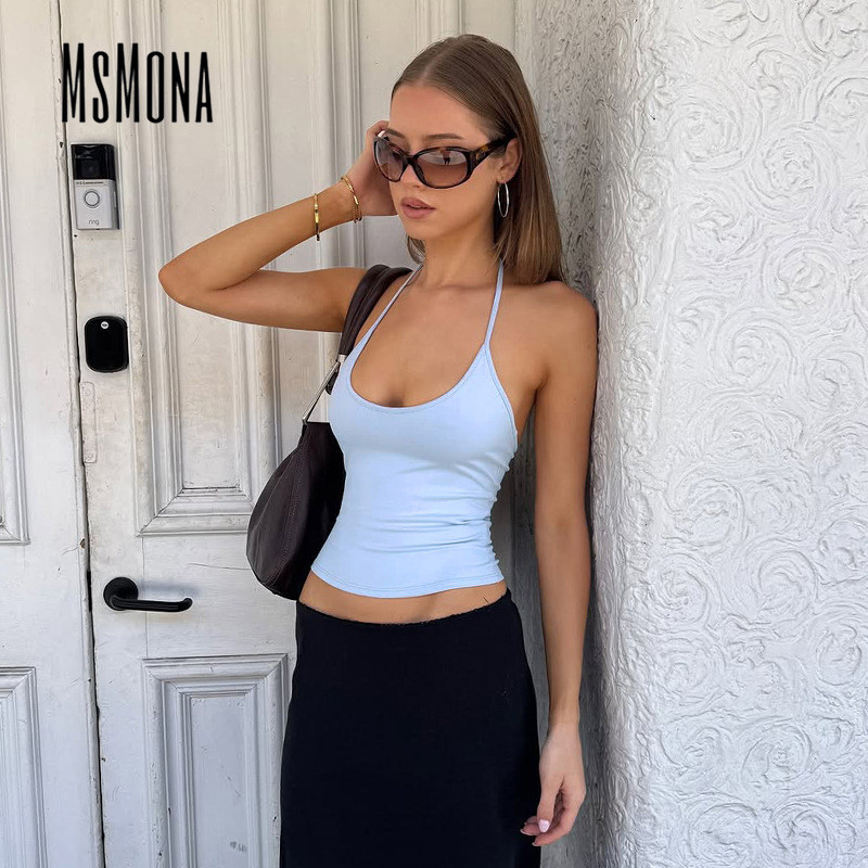 MsMona ผู้หญิงเสื้อกล้าม 2025 สีทึบปิดไหล่แขนกุด Crop Top แฟชั่นเซ็กซี่