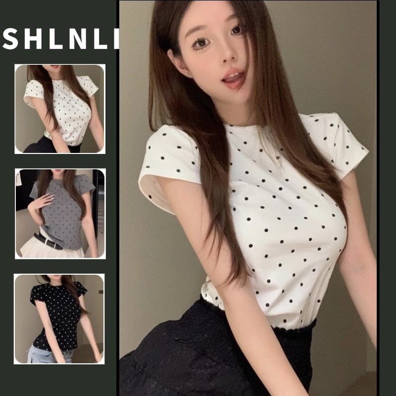 เสื้อลายจุดแขนสั้นคอกลมฤดูใบไม้ผลิและฤดูร้อนของผู้หญิงสลิมและสลิมสั้นอเนกประสงค์ด้านบน
