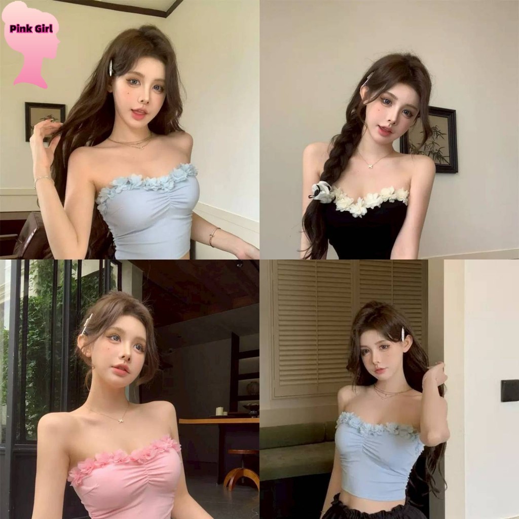 💋Pink girl💋​พร้อมส่ง เสื้อเกาะอก มีฟองน้ำในตัว แต่งขอบดอกไม้ ' FY3055