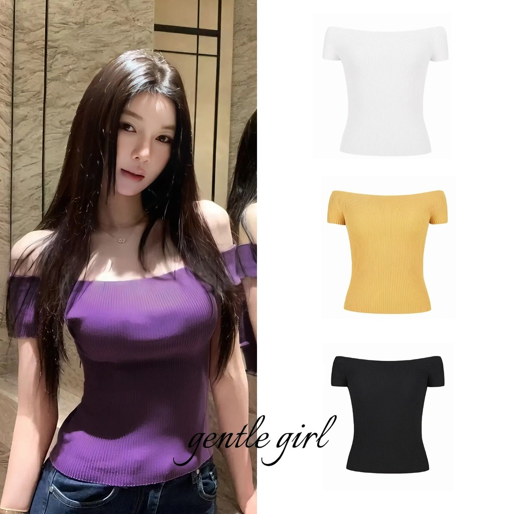 #GG เสื้อเปิดไหล่สไตล์เกาหลีสำหรับผู้หญิงฤดูร้อนแขนสั้นถัก 2025 ใหม่สไตล์เกาหลีเซ็กซี่สลิมสีพื้นเสื้อยืด