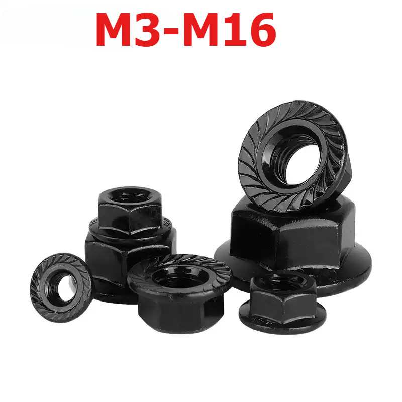 น็อตหน้าแปลนสีดํา 304 สแตนเลสหกเหลี่ยมกันลื่นพร้อมแผ่นสกรูหมวก Anti-Loose Nut M3-M