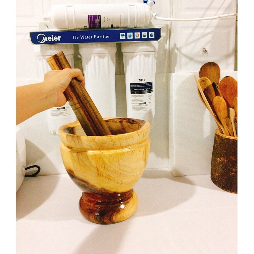 Titanium ครกไม้เหลือง ครกไม้จามจุรี 8 นิ้ว พร้อมสากไม้