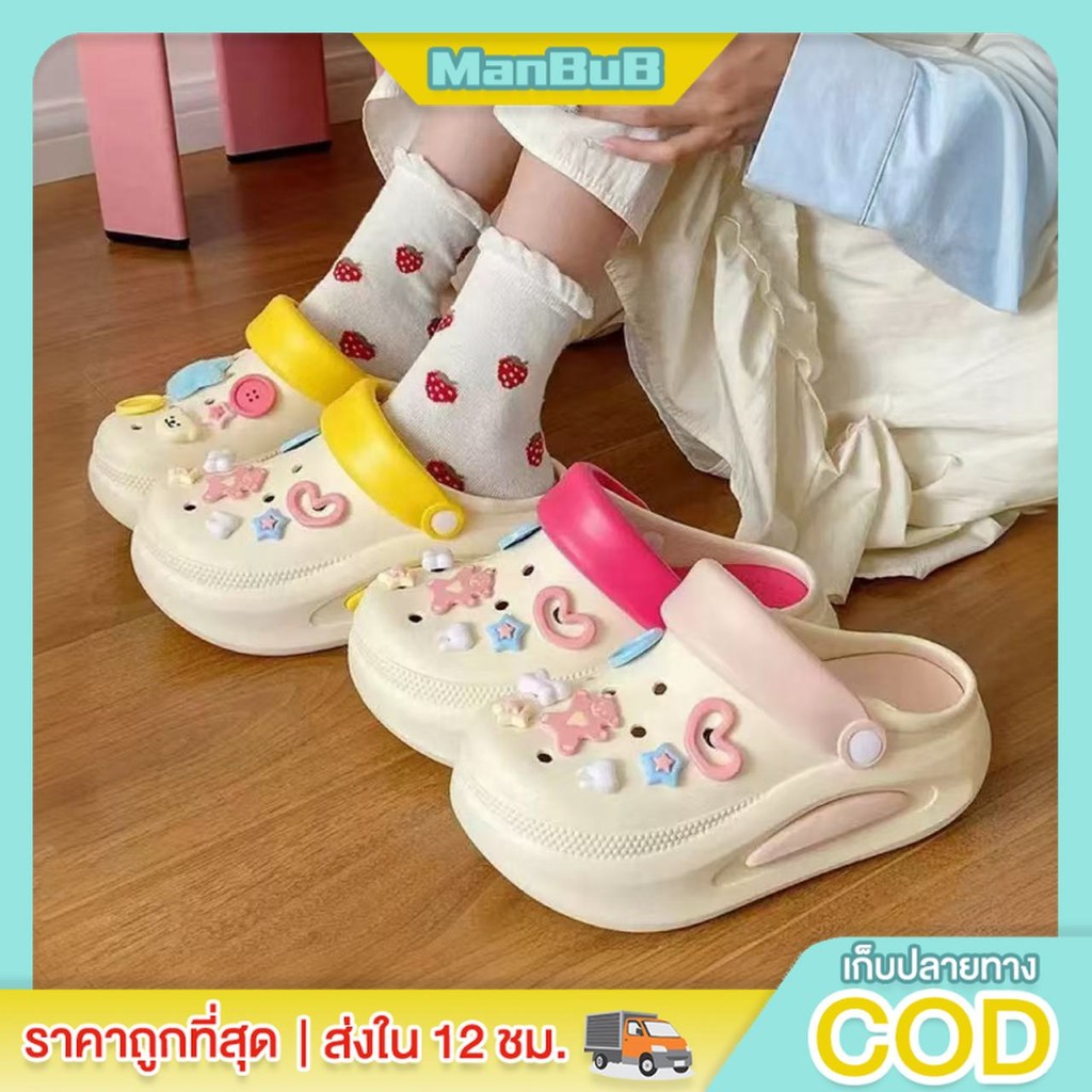 ManBu8🌞พร้อมส่ง🚚   รองเท้าหัวโต สไตล์เกาหลี พื้นนุ่มนิ่ม ใส่สบาย สีพาสเทลพร้อมตัวติดน่ารัก เข้าได้ทุกลุค (TO-555)