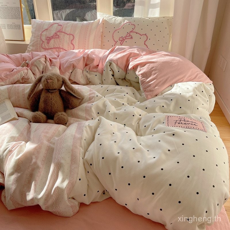 ชุดเครื่องนอน 4-in-1 ผ้าฝ้ายซัก 100% ปักลายสวยงาม เหมาะสำหรับเตียงขนาด 4/5/6 ฟุต ผ้าปูที่นอน ผ้าคลุมเตียง ปลอกหมอน