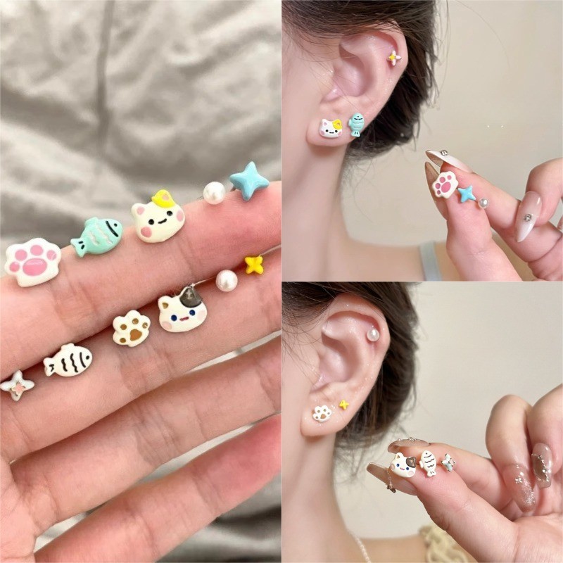 สีสันแมวปลาหูสตั๊ดเจาะต่างหูเครื่องประดับอุปกรณ์เสริม 6 ชิ้น/ล็อต