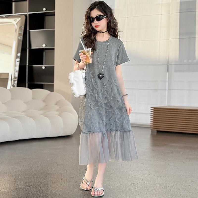 Lemon-tree 3-15Y ชุดเดรสเย็บเด็กผู้หญิงฤดูร้อนใหม่เด็กเกาหลีผ้ากอซเสื้อยืดกระโปรงสไตล์ตะวันตกกระโปรงเจ้าหญิงแฟชั่น