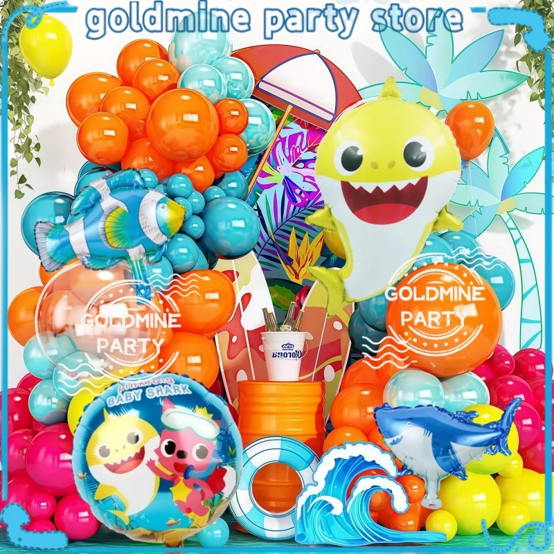 Ocean Animal Baby Shark Balloon Arch Set สีเหลืองสีส้มลูกโป่งน้ํายางสําหรับเด็กวันเกิด Party Needs