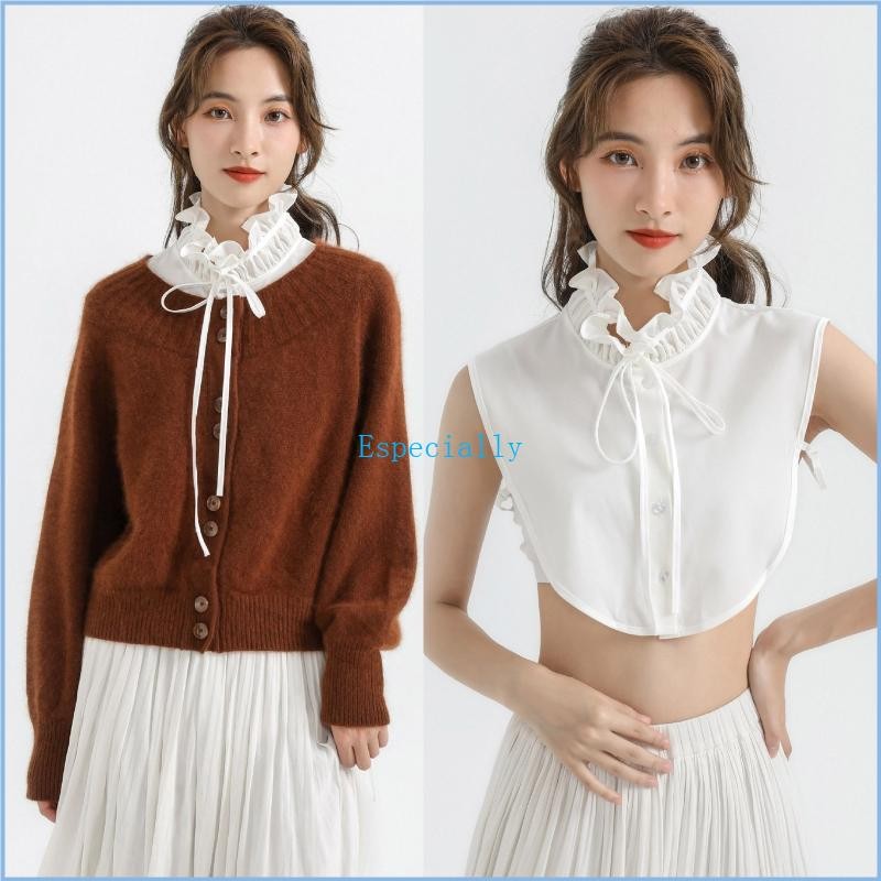 ESP ผู้หญิง Ruffles Stand-Up False Collar Lace-Up ครึ่งเสื้อ Crop เสื้อVintage ถอดได้ DDickey เสื้อผ