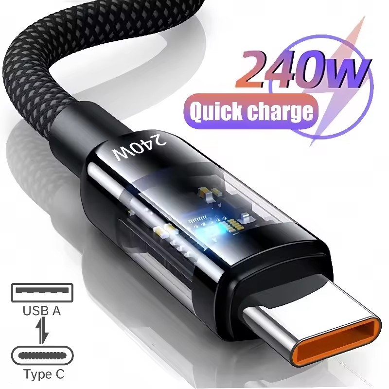240W Quick Charge Cable USB Type C Data Transfer Line Anti-break Cable เชือกถักโปร่งใส