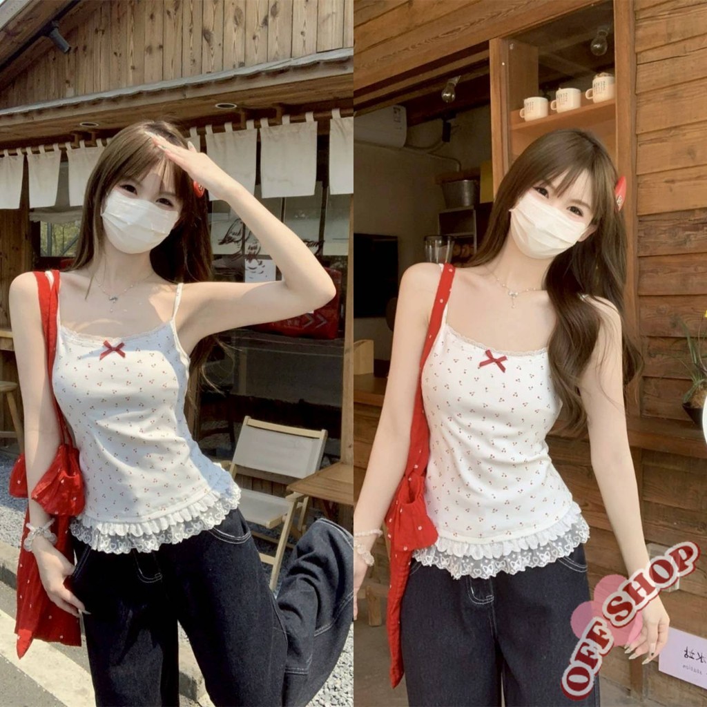 OFF SHOP 🥻ใหม่ 2025 เสื้อสายเดี่ยว ผ้าไหมพรม ลายโบว์ สีขาวแดง หวานและเซ็กซี่ ' Y6823