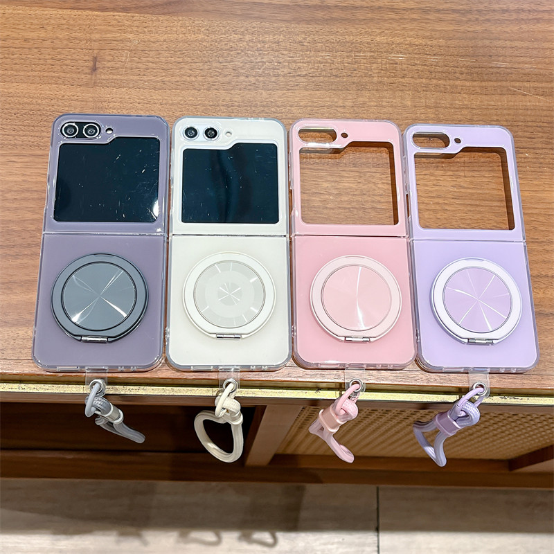 เคสโทรศัพท์แบบพับได้สําหรับ Samsung Galaxy Z Flip6 Flip5 Flip4 Flip3 สองด้าน IMD สีทึบวงเล็บมือเชือก