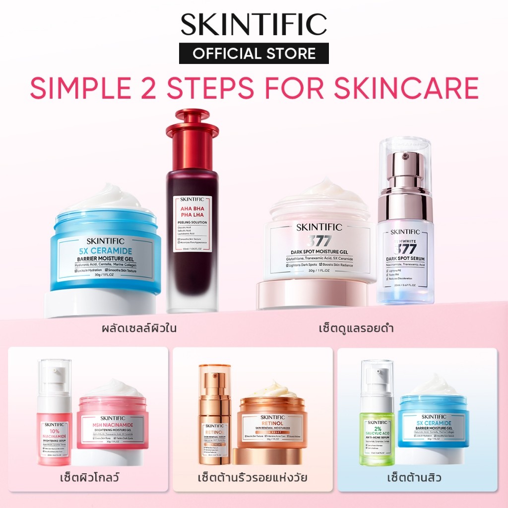 SKINTIFIC 2PCS Skincare Moisturizer+Serum ครีม เซรั่ม AHA BHA Peeling Solution  5X Ceramide มอยส์เจอ