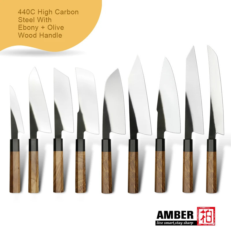 Amber-Stainless Steel Kitchen Knives Set, Professional Chef Knives with Natural Olive Wood Handle, S