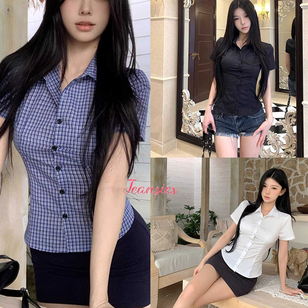 เสื้อเชิ้ตหญิงลายตาราง เอวเข้ารูป ดูดีทุกมุม