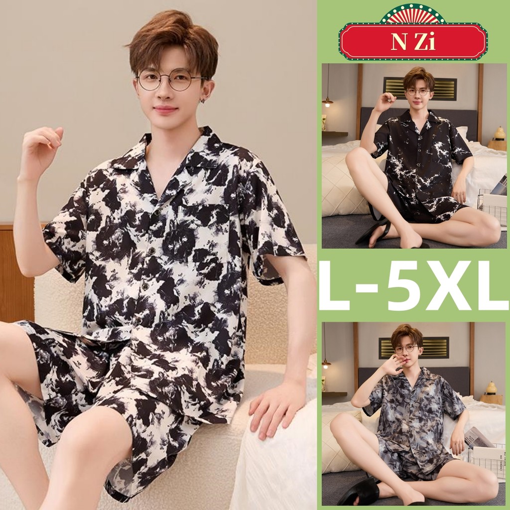 L-5XL ชุดนอนผู้ชายผ้าไหม Plus ขนาด แขนสั้น ชุดฤดูร้อน ใส่ง่าย สบาย NIGHT