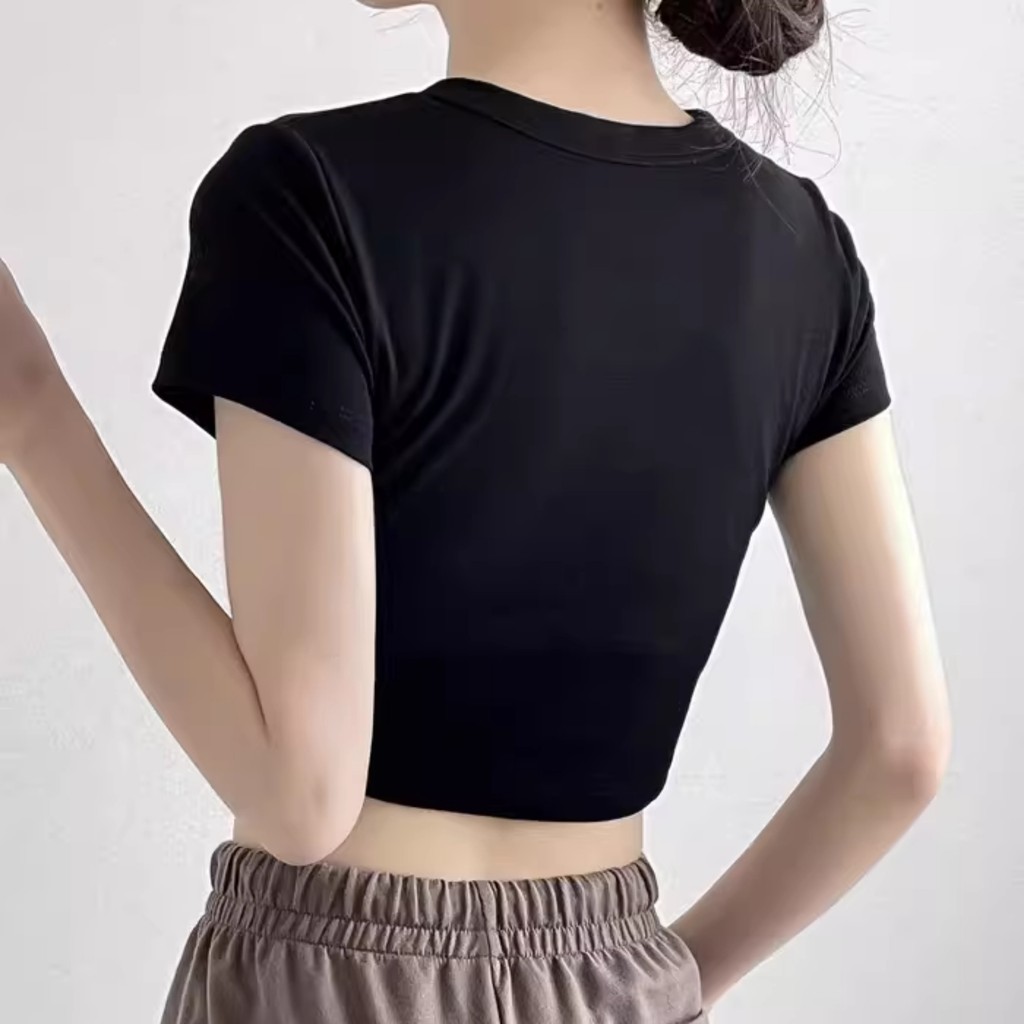 แขนสั้นยางยืด เสื้อยืดผู้หญิง คอกลมแขนสั้น สีทึบ แฟชั่น เรียบหรู มิเนมอล ใส่สบาย แมตช์ง่าย เสื้อยืดผู้หญิง ทรงสั้นพิเศษ - รูปที่ 5